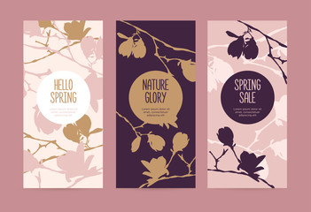 Set of spring cards or banners with the branches of a blossoming magnolia. Flowers, buds and branches of magnolia on a pink background. It can be used as a template for packaging, invitation cards, co