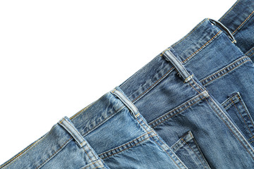 Jeans of different colors isolated on white background, space for text