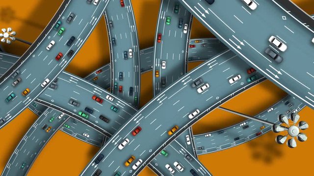 Aerial View of Cartoon Freeway Interchange with Traffic - 3D Rendered Illustration Animation.