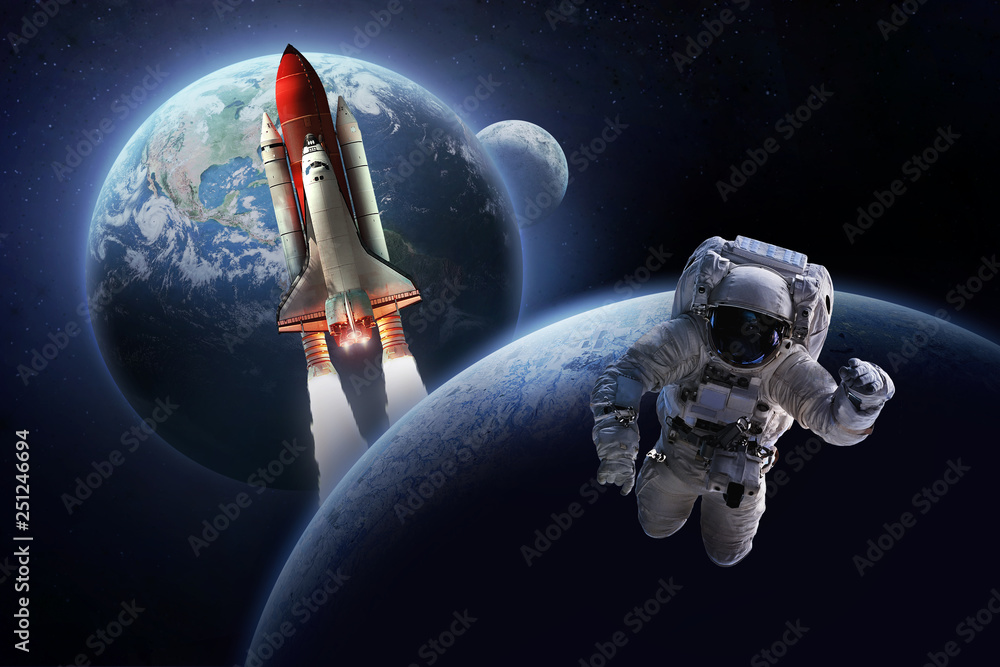 Poster astronaut in the space over the planet earth. shuttle, rocket and moon on background. sci-fi wallpap
