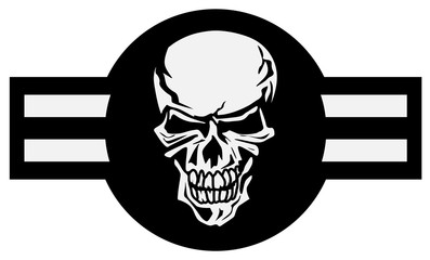 Military aviation airplane national roundel with skull, a very cool spin on a classic style aircraft logo, black and white isolated vector illustration