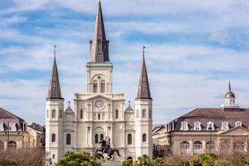 Fototapeta na wymiar The beautiful and iconic St. Louis Cathedral, located in Jackson Square in the French Quarter in New Orleans, Louisiana.