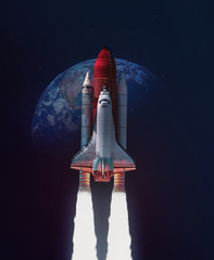 Space shuttle take off in outer space from Earth. Rocket on orbit of the planet. Elements of this...