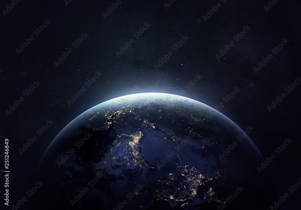 Poster nightly earth in the outer space collage. abstract wallpaper. city lights on planet. civilization. e