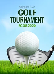 Foto auf Acrylglas Golf tournament poster template flyer. Golf ball on green grass for competition. Sport club vector design © kolonko