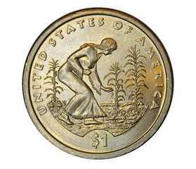 United States one dollar coin showing a native American woman planting seeds