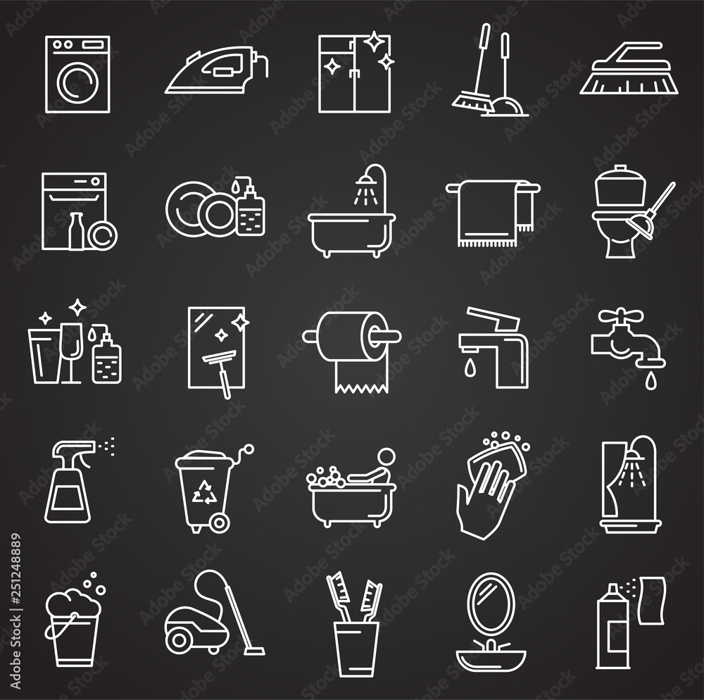 Poster Cleaning icon set on black background for graphic and web design, Modern simple vector sign. Internet concept. Trendy symbol for website design web button or mobile app