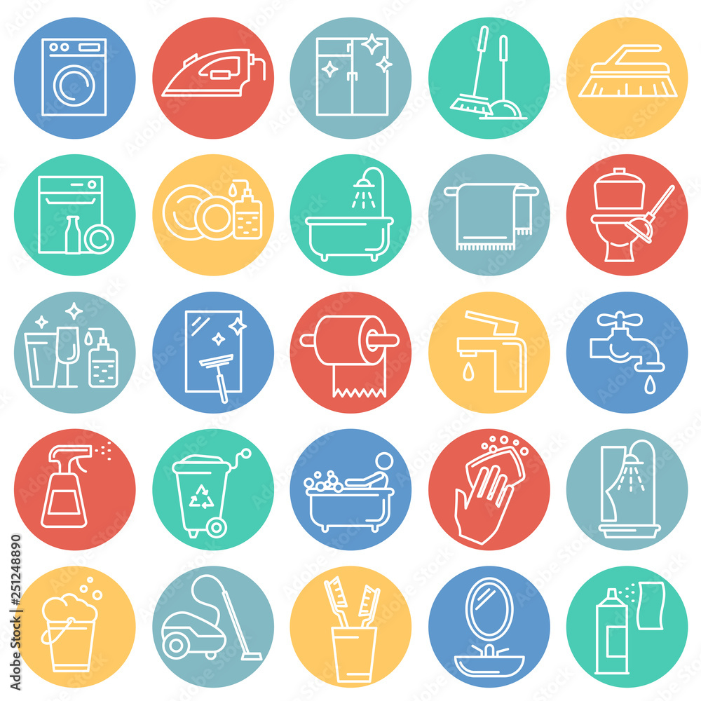 Poster Cleaning icon set on color circles white background for graphic and web design, Modern simple vector sign. Internet concept. Trendy symbol for website design web button or mobile app