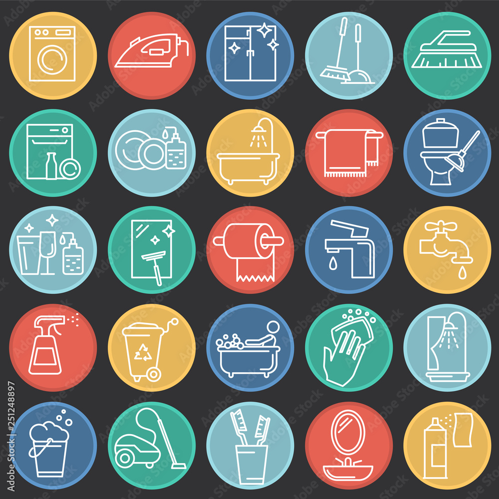 Poster Cleaning icon set on color circles black background for graphic and web design, Modern simple vector sign. Internet concept. Trendy symbol for website design web button or mobile app
