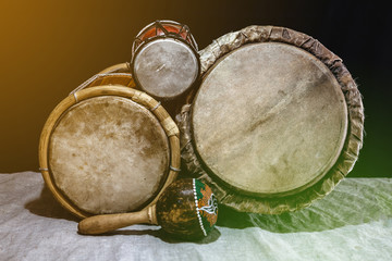 ethnic percussion musical instruments, drums of different sizes 