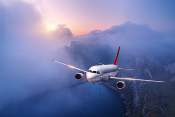 Fototapeta na wymiar Passenger airplane is flying over clouds at sunset. Landscape with white airplane, low clouds, sea coast, purple sky at dusk. Aircraft is landing. Business trip. Commercial plane. Travel. Aerial view