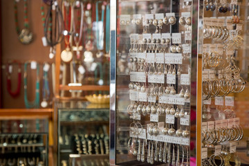 Silver jewelry display in the shop