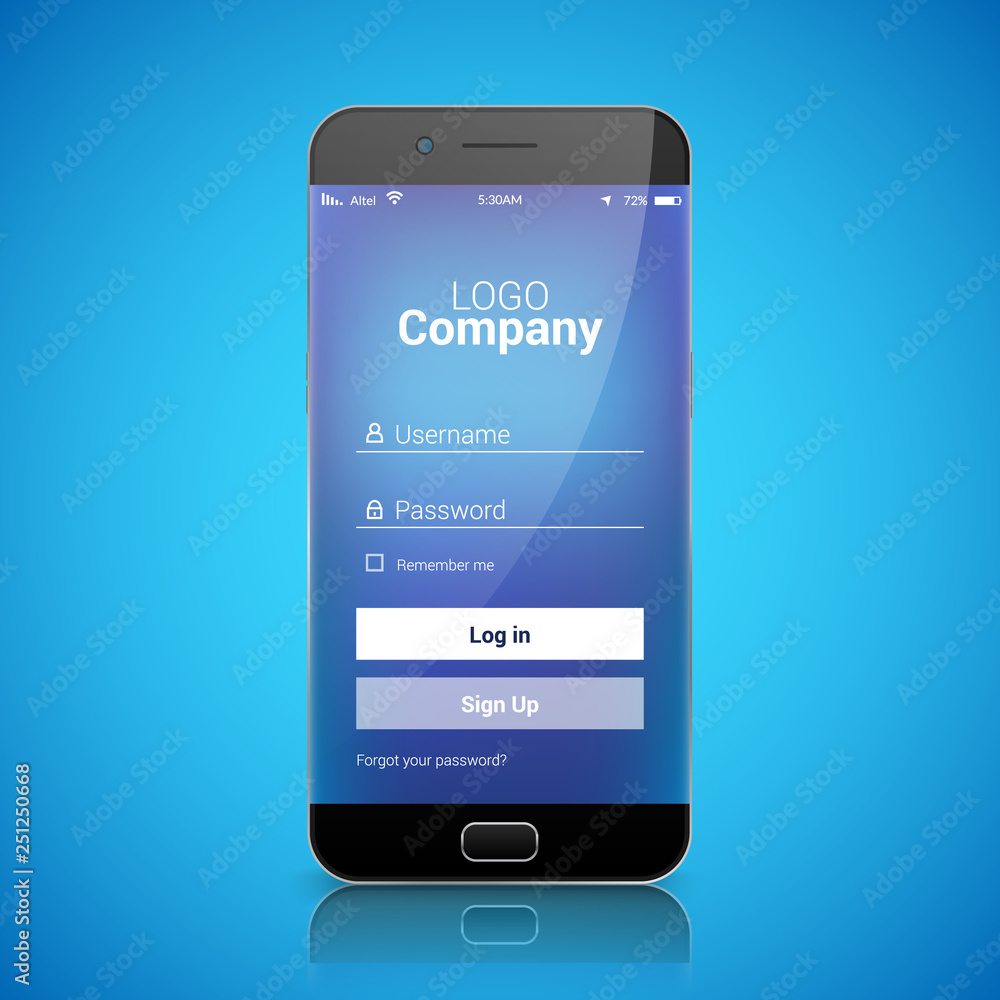 Poster mobile ui login register app template. sign in vector signup design on smartphone