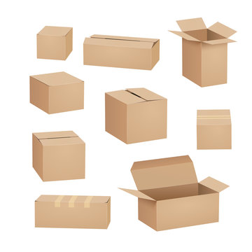 Cardboard box carton package set. Shipping delivery box mockup cargo design open cardboard parcel