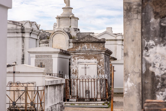 Beautiful above ground graves in the famous St. Louis Cemetery Number 1 in New Orleans, Louisiana, site of the grave of Marie Laveau, Vodoo Queen.