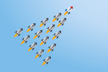 Red rocket as a leader among others, leadership, teamwork, motivation, stand out of the crowd concept, EPS10 vector