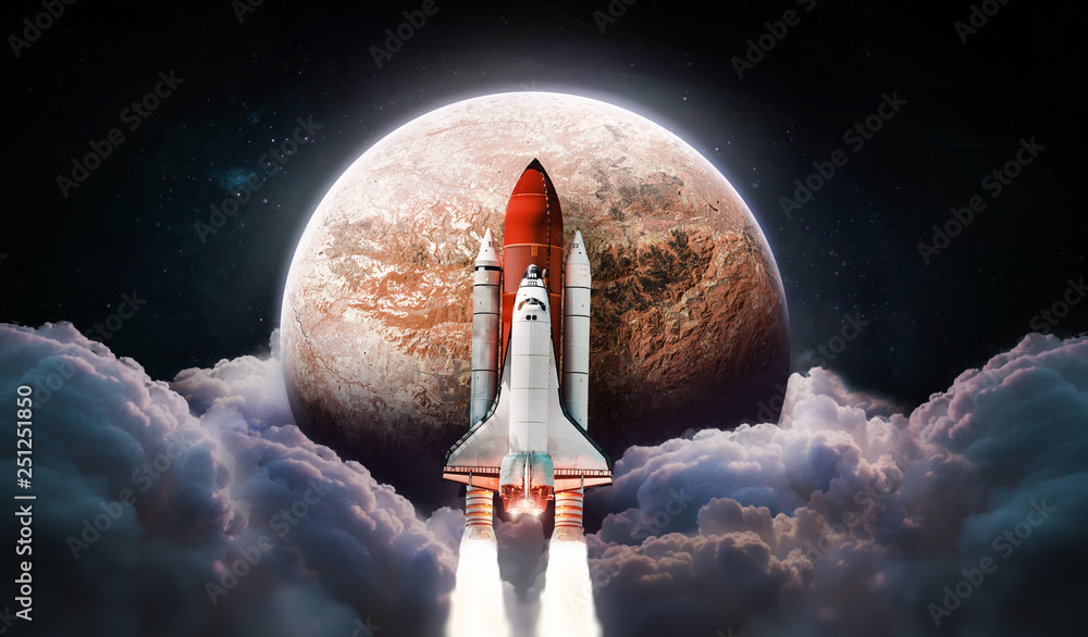 Poster rocket near red planet mars with clouds and space on background. space shuttle. colonization and spa