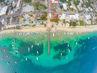 Aerial view on coast of Caribbean Sea in Puerto Morelos, small Fishing village in Mexico. 