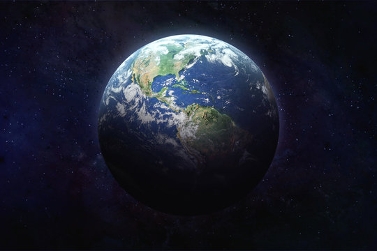 Planet Earth in outer space. Blue marble. Civilization. Continent America and pacific ocean on surface. Elements of this image furnished by NASA