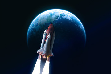 Space shuttle in the dark space near the Earth ball. Blue gradient. Space art wallpaper. Elements of this image furnished by NASA