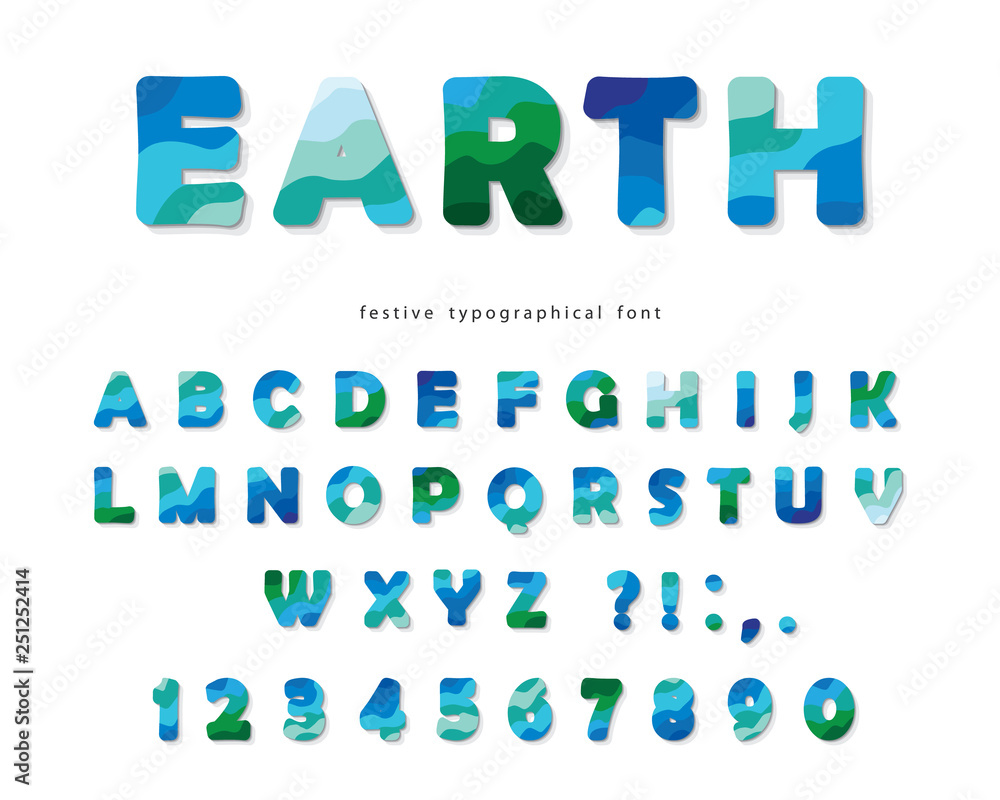 Wall mural earth landscape modern font. blue and green abc letters and numbers isolated on white. creative alph