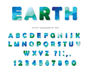 Earth landscape modern font. Blue and green ABC letters and numbers isolated on white. Creative alphabet for environment, ecology, travel design. Vector