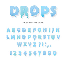 Water drops font design. Transparent glossy ABC letters and numbers. Vector