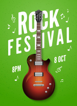 Rock festival flyer event design template with guitar. Music band live concert billboard poster