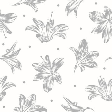 Seamless floral pattern with gray flowers - Hippeastrum or Amaryllis on white background.