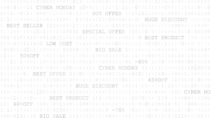 Cyber monday background of zeros, ones and inscriptions in white and gray colors