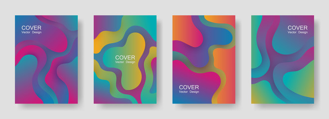 Gradient fluid shapes abstract covers vector collection. Trendy presentation backgrounds design. Organic bubble fluid splash shapes, oil drop molecular mixture concept backdrop. Cover pages.