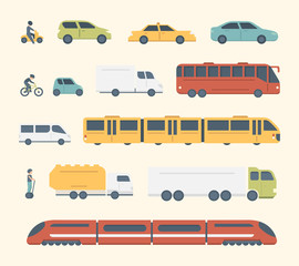 Different kinds of city and intercity public transport. Set transportation vector illustration. Car, bus and truck Icons.