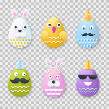 Easter 3d paper cut eggs with characters faces. Vector holiday craft handmade design elements on transparent background