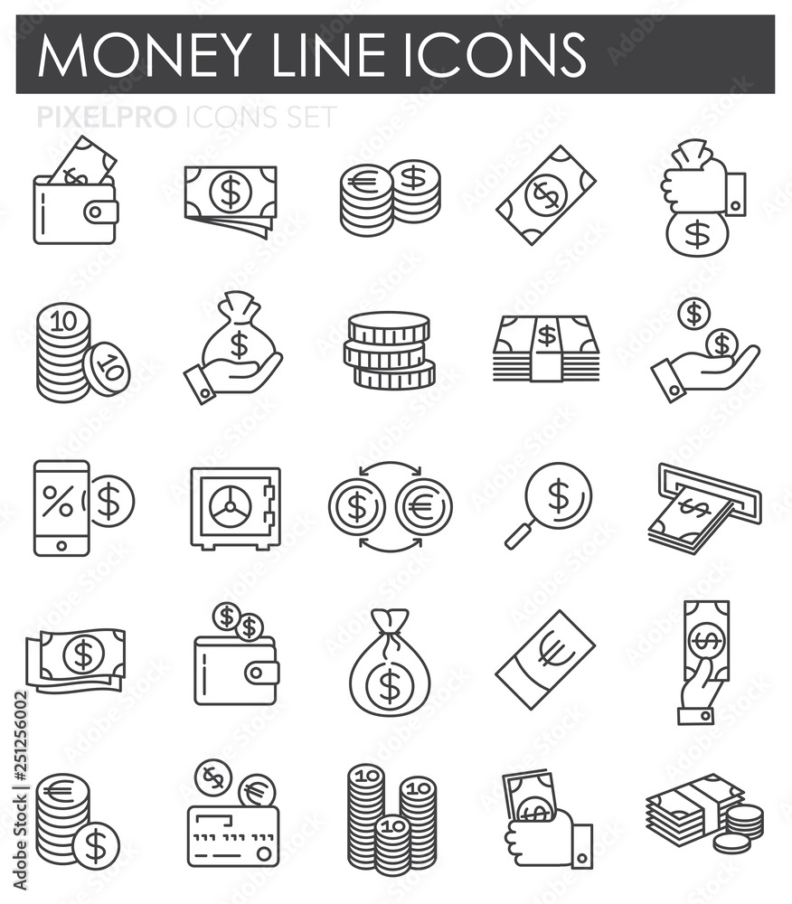 Poster money line icons set on white background for graphic and web design, modern simple vector sign. inte