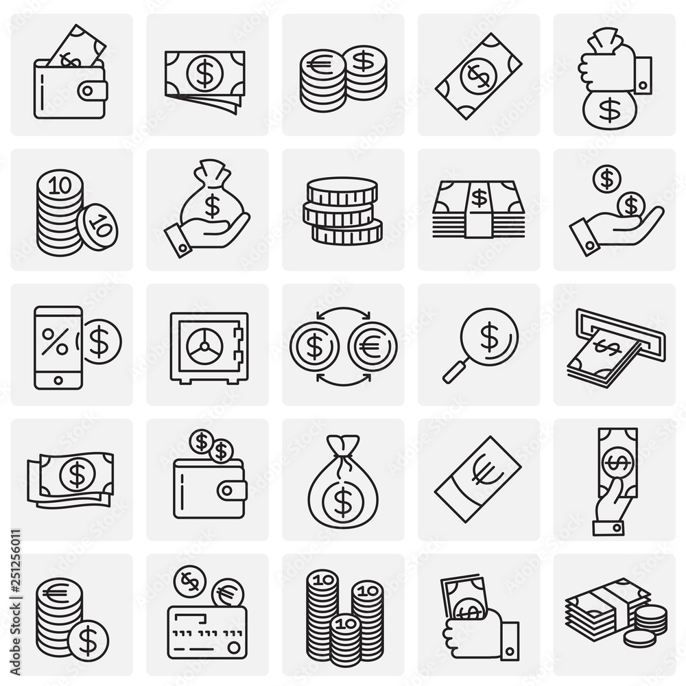 Poster money line icons on squares set on white background for graphic and web design, modern simple vector