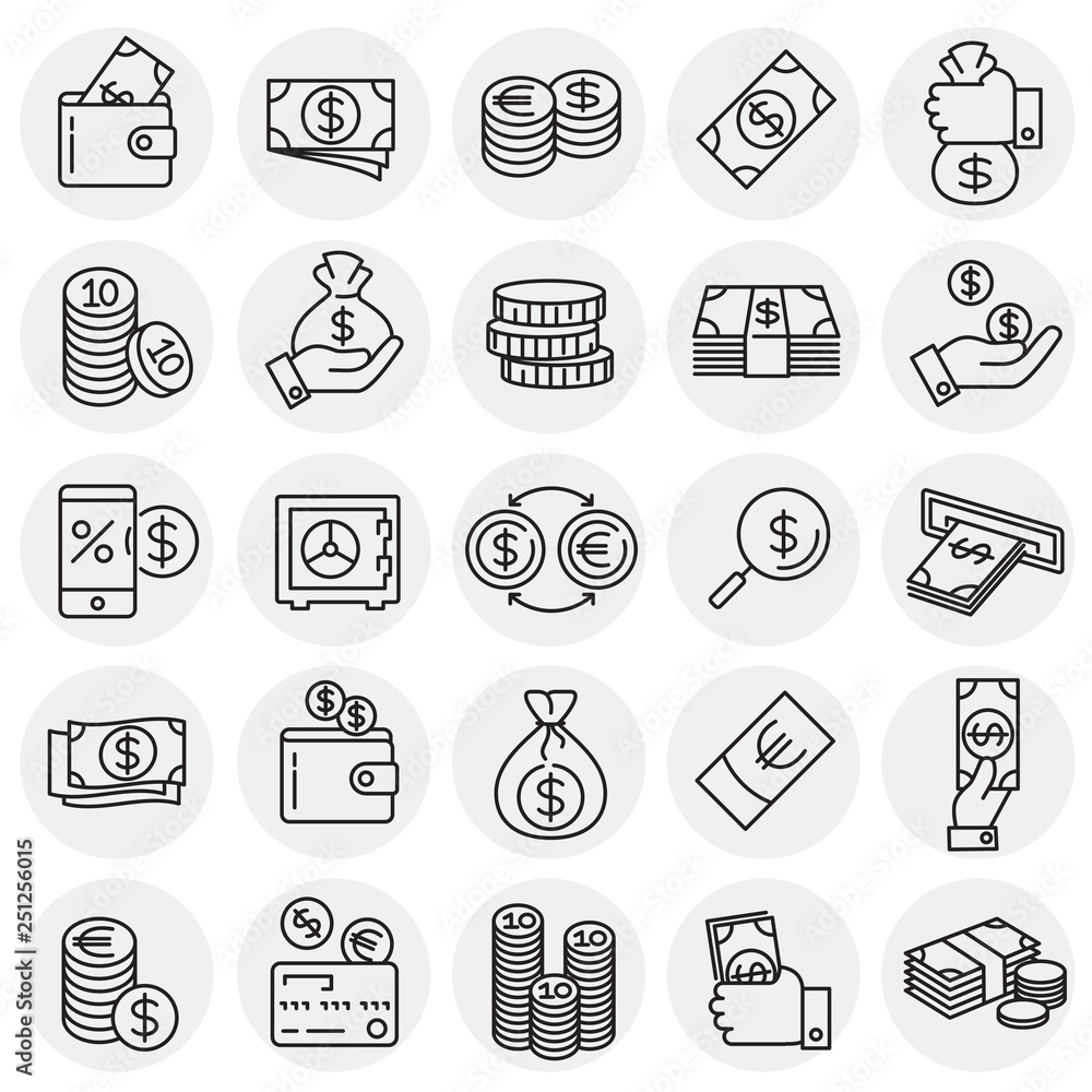 Fototapete Money line icons set on circles background for graphic and web design, Modern simple vector sign. Internet concept. Trendy symbol for website design web button or mobile app