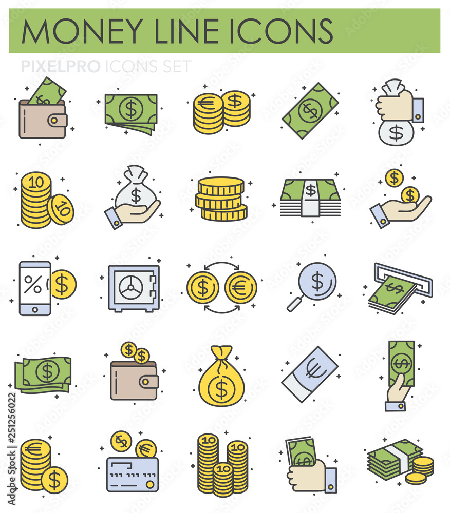 Poster money color line icons set on white background for graphic and web design, modern simple vector sign