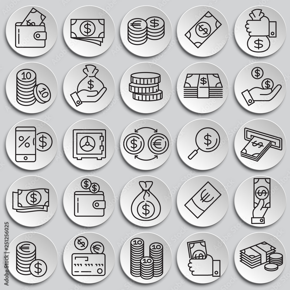 Poster money line icons set on plates background for graphic and web design, modern simple vector sign. int
