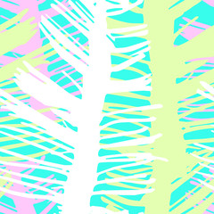 Summer seamless pattern with leaves in doodle style. Collection of tropical sketches. Pastel joyous colors. Hand drawing graphics. Great for textiles. banners and posters. postcards.