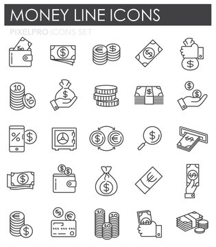 Money line icons set on white background for graphic and web design, Modern simple vector sign. Internet concept. Trendy symbol for website design web button or mobile app