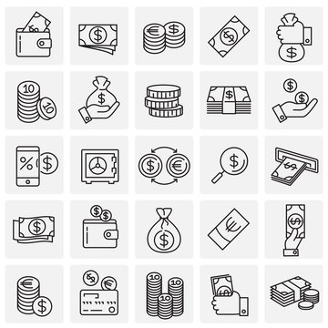 Money line icons on squares set on white background for graphic and web design, Modern simple vector sign. Internet concept. Trendy symbol for website design web button or mobile app