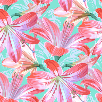 Seamless floral pattern with realistic pink flowers - Hippeastrum or Amaryllis on light green background.