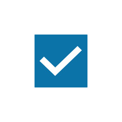 White check mark icon in a blue box. Tick symbol. Vector illustration isolated on white