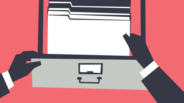 Personal perspective view of hands wearing gloves and searching for the files into cabinet drawer. Retro style looped animation. Opening titles background.