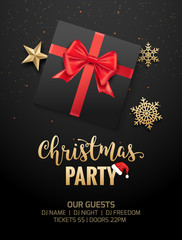 Fototapeta na wymiar Christmas party poster invitation decoration design gift box. Xmas holiday template background with snowflakes