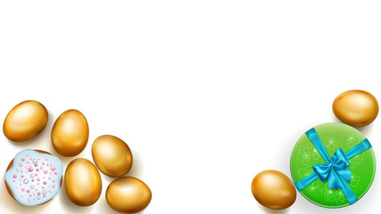 Realistic golden Easter eggs, tasty cake and beautiful gift box with bow on white background