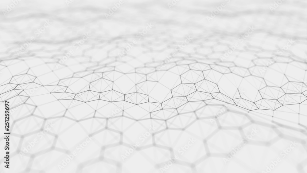 Poster futuristic white hexagon background. futuristic honeycomb concept. wave of particles. 3d rendering. 