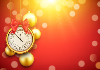 Naklejka na ściany i meble 2018 new year shining background with clock. Happy new year 2018 celebration decoration golden balls poster, festive card template