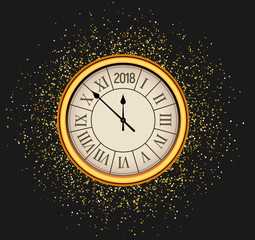 Obraz na płótnie Canvas 2018 new year shining background with clock. Happy new year 2018 celebration decoration poster, festive card template