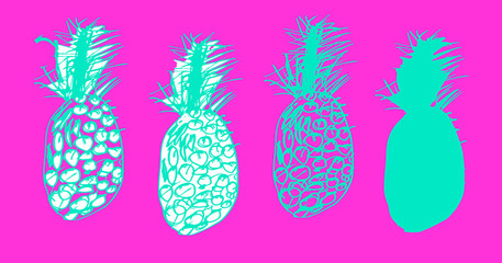 Set of sketches of pineapples, ananas in doodle style. Hand drawh manual graphics. Silhouettes and contours tropical fruits. Elements for design isolated on pink background. Vector illustration.